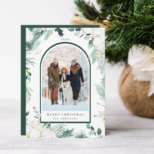 Evergreen & Cotton Flowers Arch Photo Winter  Holiday Card