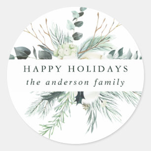 Evergreen & Cotton Flowers Christmas Holiday Classic Round Sticker