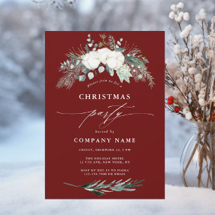 Evergreen & Cotton Flowers Christmas Party Red Invitation
