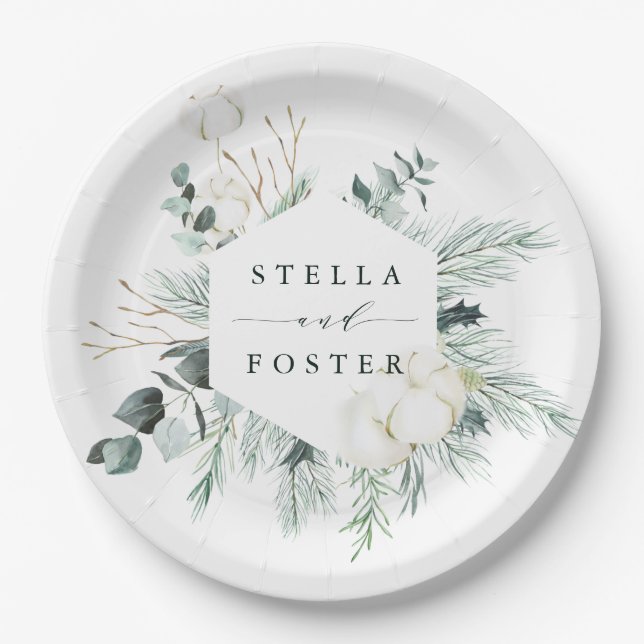 Evergreen & Cotton Flowers Elegant Hexagon Wedding Paper Plate (Front)