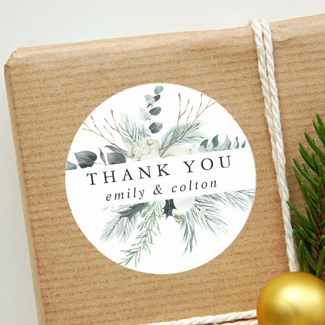 Evergreen & Cotton Flowers Elegant Thank You Class Classic Round Sticker (Creator Uploaded)
