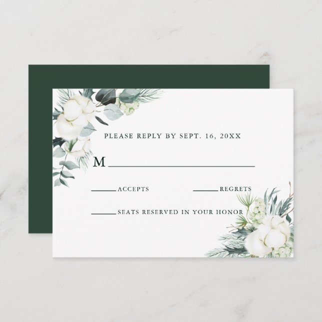 Evergreen & Cotton Flowers Elegant Wedding RSVP (Front/Back)