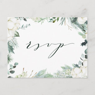 Evergreen & Cotton Flowers Elegant Wedding RSVP Postcard