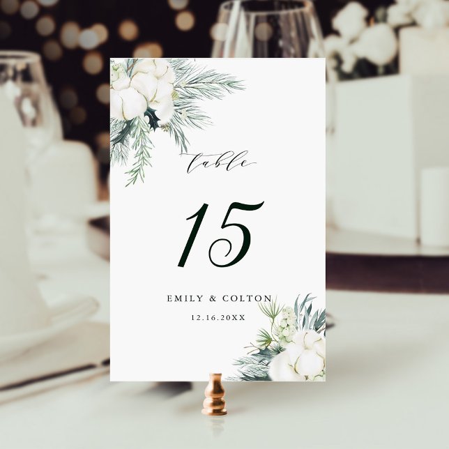Evergreen & Cotton Flowers Elegant Wedding Table Number (Creator Uploaded)