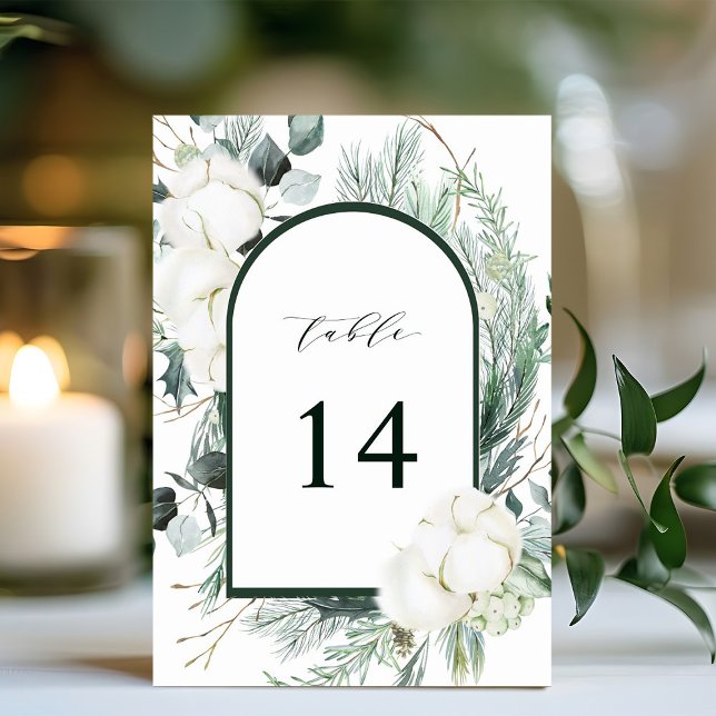 Evergreen & Cotton Flowers Elegant Wedding Table Number (Creator Uploaded)