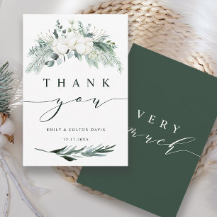 Evergreen & Cotton Flowers Elegant Wedding Thank You Card
