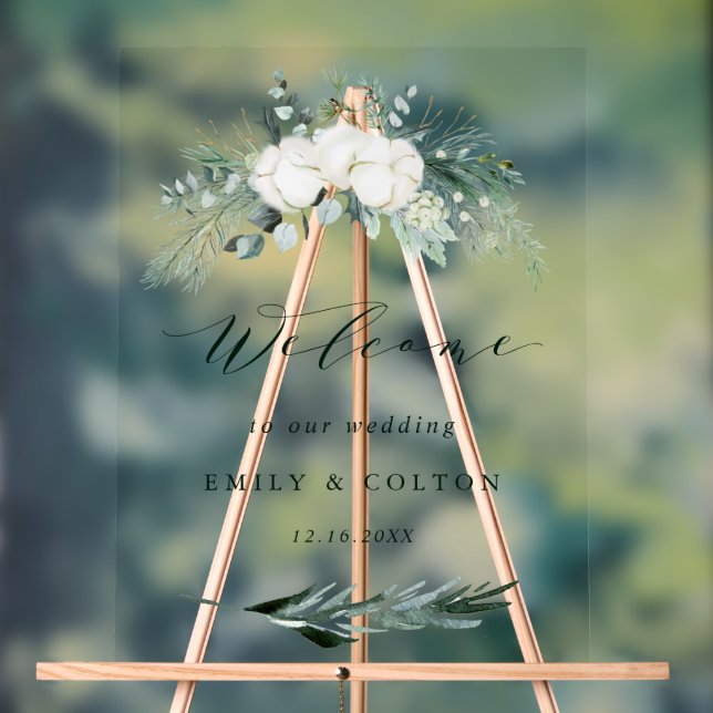 Evergreen & Cotton Flowers Elegant Wedding Welcome Acrylic Sign (Neutral)