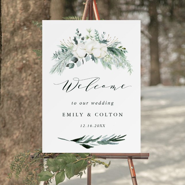 Evergreen & Cotton Flowers Elegant Wedding Welcome Poster (Creator Uploaded)