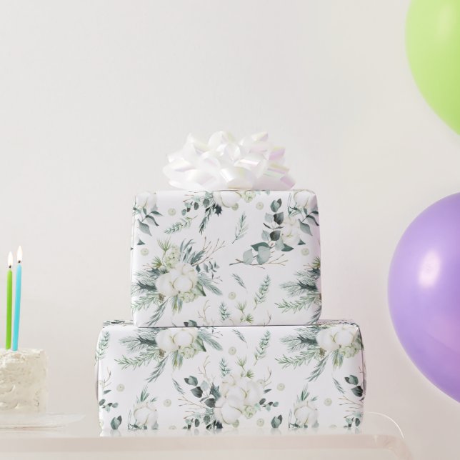 Evergreen & Cotton Flowers Elegant Wrapping Paper (Party Gifts)