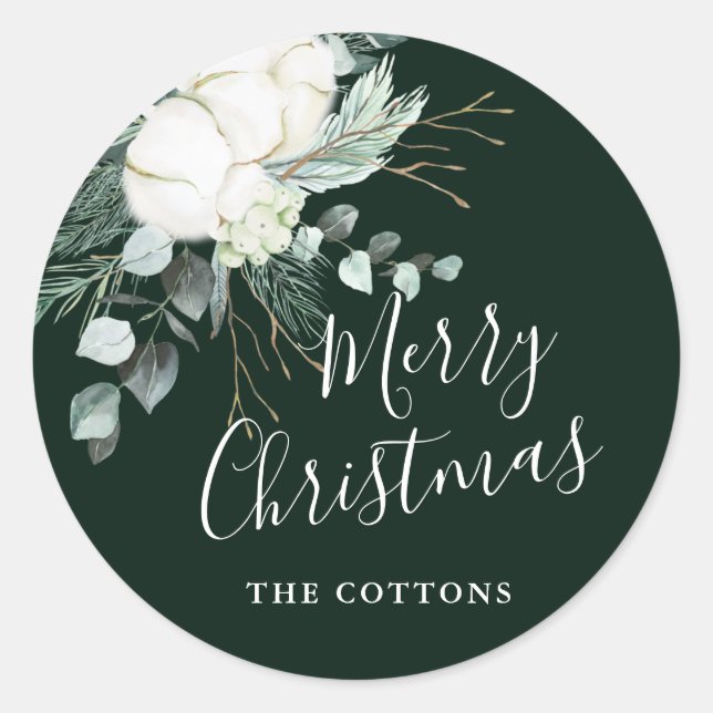 Evergreen & Cotton Flowers Merry Christmas Green Classic Round Sticker (Front)