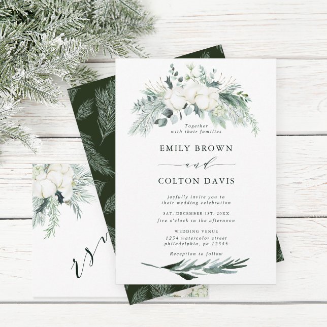 Evergreen & Cotton Flowers Watercolor Wedding Invitation (Creator Uploaded)