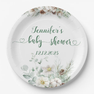 Evergreen elegant gender neutral baby shower paper plate
