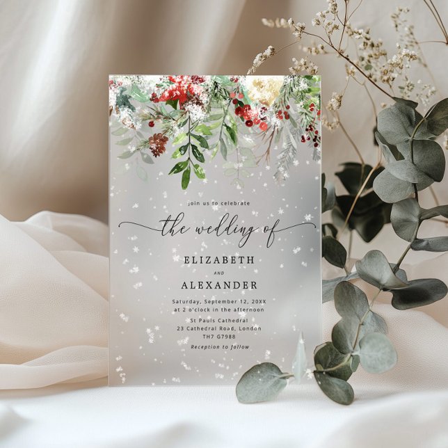 Evergreen elegant snow winter wedding acrylic invitations (Creator Uploaded)