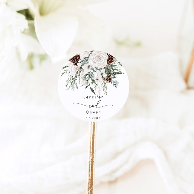 Evergreen elegant winter wedding  classic round sticker (Creator Uploaded)