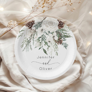 Evergreen festive winter elegant wedding paper plate