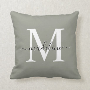 Evergreen Fog Elegant Script Monogram Cushion