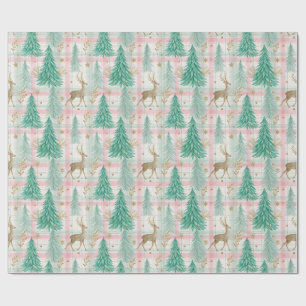 Evergreen Forest Deer Pink Plaid Wrapping Paper