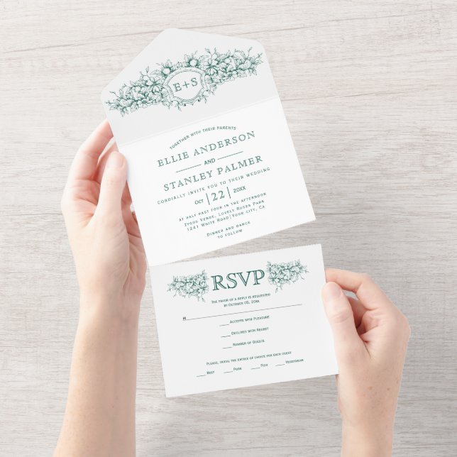 Evergreen green heraldic crest, initials wedding all in one invitation (Tearaway)