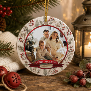 Evergreen, Holly, Red Berries Photo Christmas    Ceramic Ornament