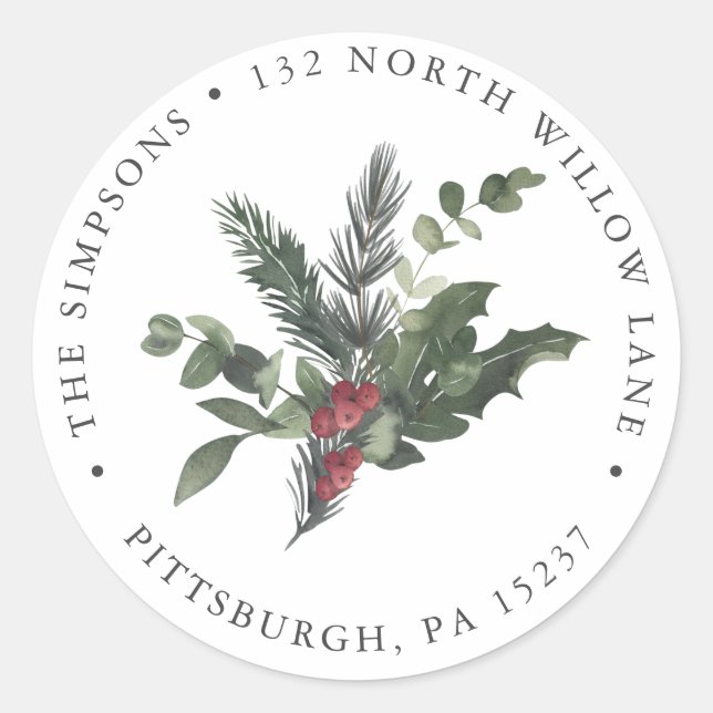 Evergreen Holly Return Address Classic Round Sticker (Front)