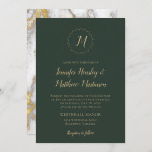 Evergreen Monogram Gold Marble Winter Wedding Invitation