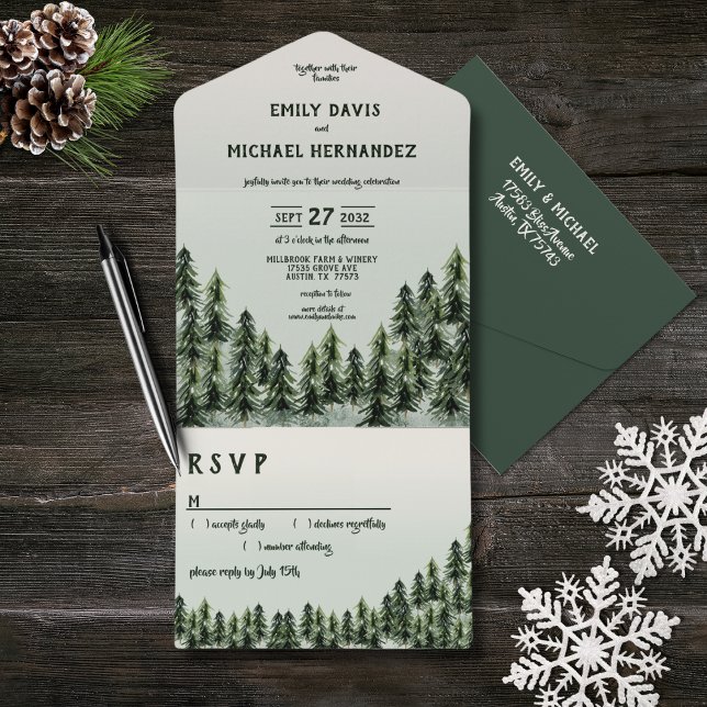 Evergreen Mountain Forest Green White Black All In One Invitation (Creator Uploaded)