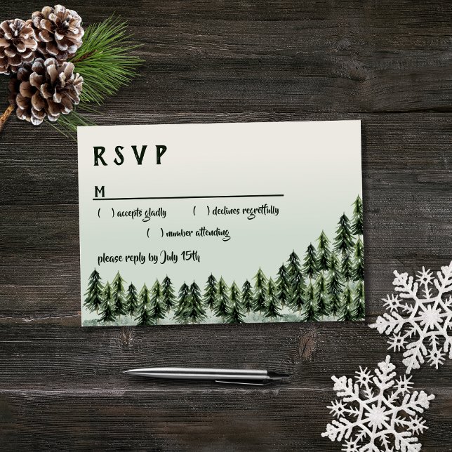 Evergreen Mountain Forest Green White Black RSVP Card (Creator Uploaded)