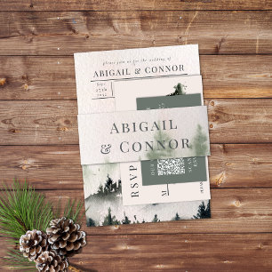 Evergreen Mountain Mist Rustic Winter White Grey Invitation Belly Band