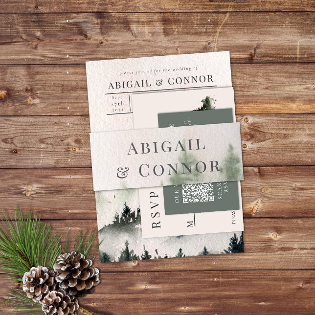 Evergreen Mountain Mist Rustic Winter White Grey Invitation Belly Band (Creator Uploaded)