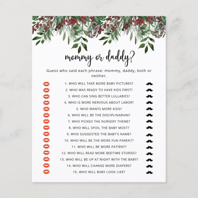 Evergreen mummy or daddy baby shower game (Front)