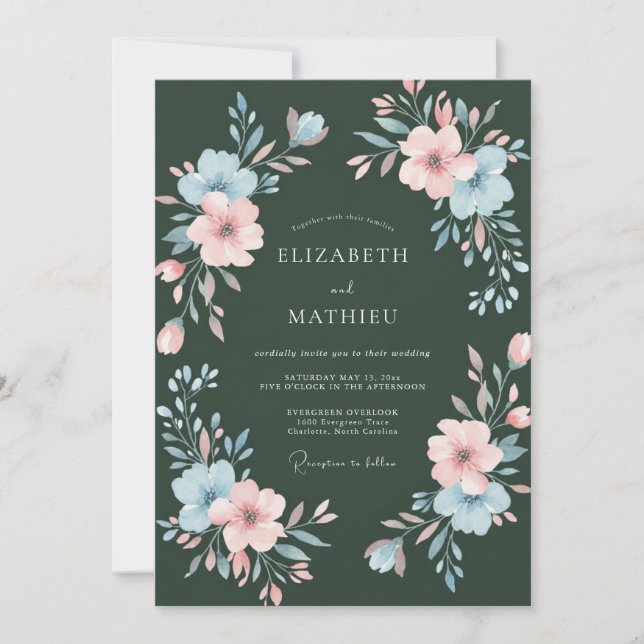 Evergreen Painted Petal Wedding Invitation (Front)