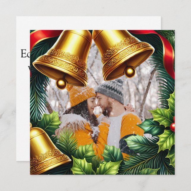 Evergreen Photo border with bells for Christmas Holiday Card (Front/Back)