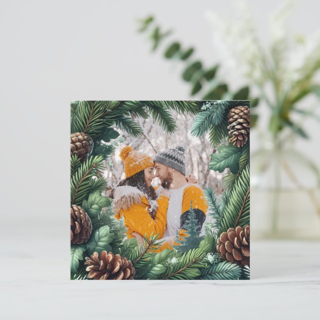Evergreen Photo border with pinecone for Christmas Holiday Card (Standing Front)