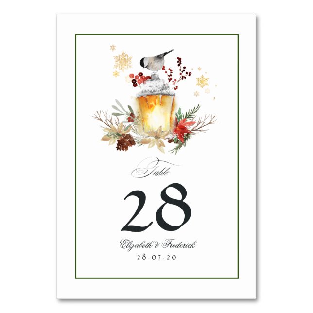 Evergreen Pine and Spruce Winter Wedding Table Number (Front)