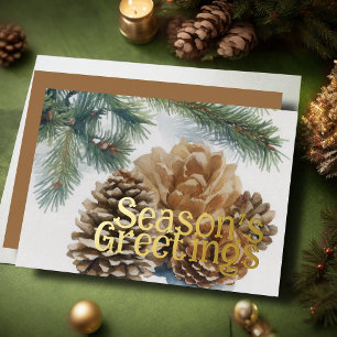 Evergreen Pine Cones Season's Greetings Rustic Foil Holiday Card