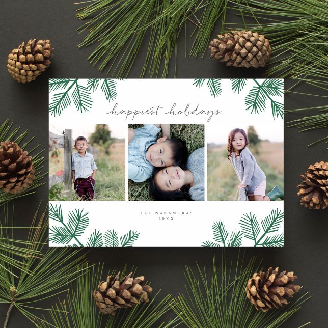 Evergreen Pine Modern Minimal 3 Photo Christmas  Holiday Card (Creator Uploaded)