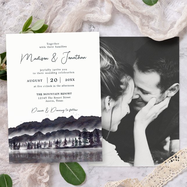 Evergreen Pine Tree Mountains Photo Wedding Invitation (Front/Back)