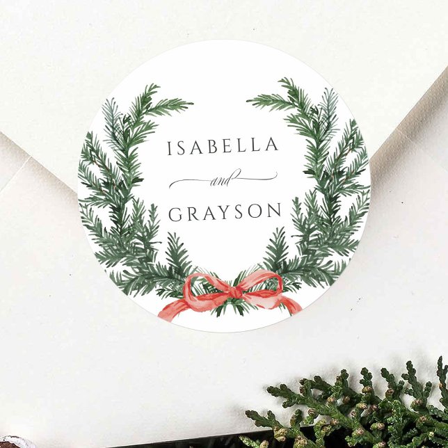 Evergreen Pine Wreath Wedding Classic Round Sticker (Creator Uploaded)