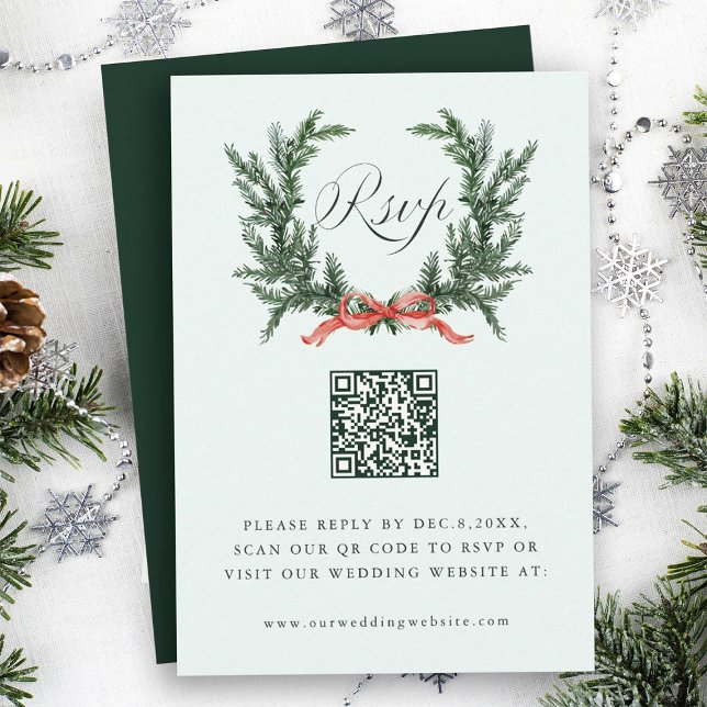 Evergreen Pine Wreath Wedding Mint Green QR Code RSVP Card (Creator Uploaded)