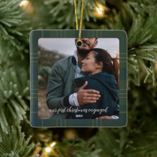 Evergreen Plaid Engagement | Rustic Flannel Tartan Ceramic Ornament