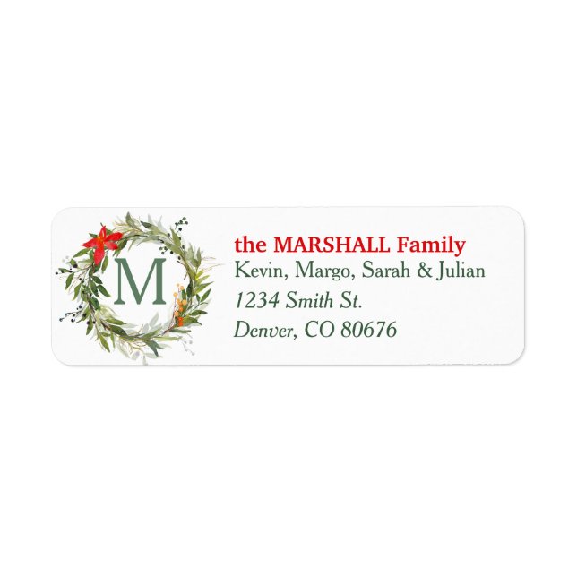 Evergreen Poinsettia Monogram Christmas Wreath Return Address Label (Front)