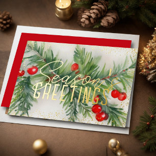 Evergreen Red Berries Season's Greetings Foil Holiday Card