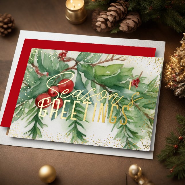 Evergreen Red Berries Season's Greetings Foil Holiday Card (Creator Uploaded)