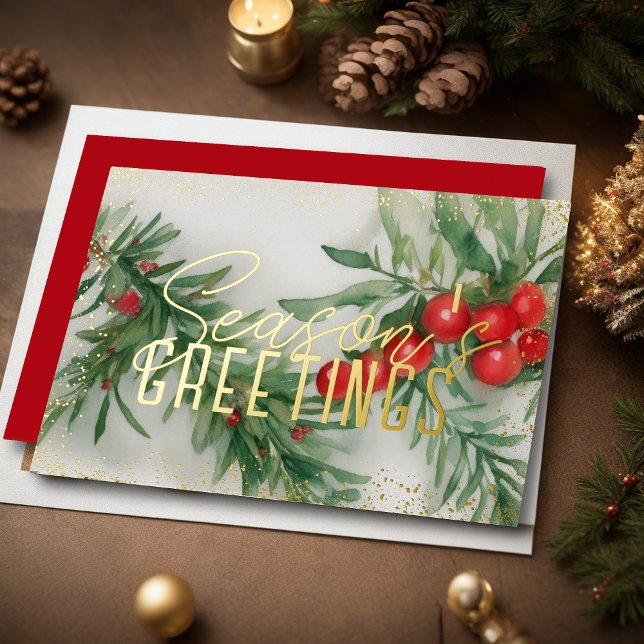 Evergreen Red Berries Season's Greetings Foil Holiday Card (Creator Uploaded)