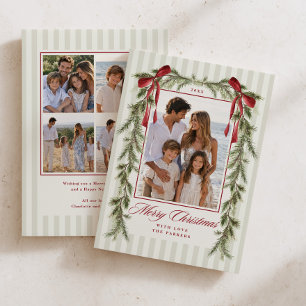 Evergreen Red Bow Garland Merry Christmas Photo Holiday Card