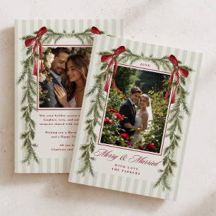 Evergreen Red Bow Garland Merry Married Photo Holiday Card