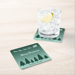 Evergreen Sleigh Starry Greeting Square Paper Coaster