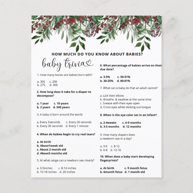 Evergreen Snow Baby Trivia | Baby Shower Game (Front)