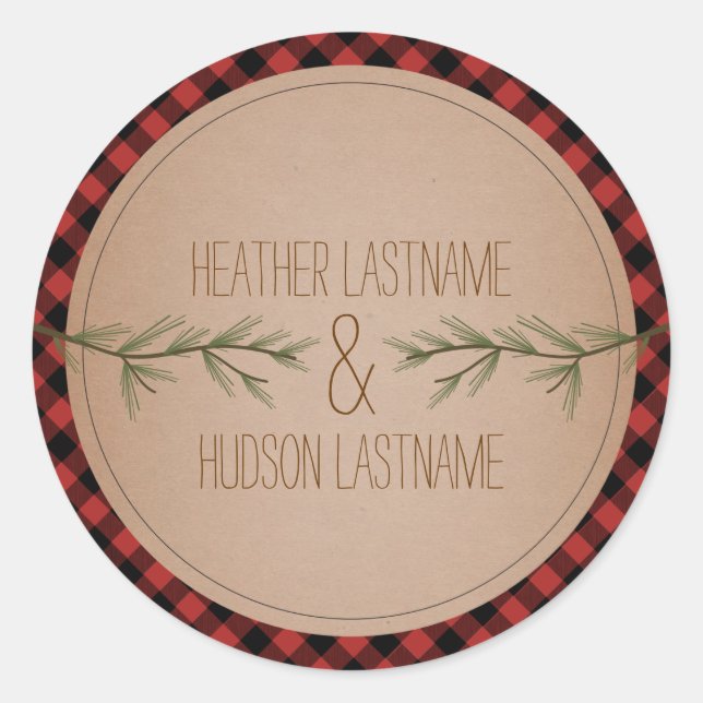 Evergreen Tree Branches Plaid Wedding Sticker (Front)