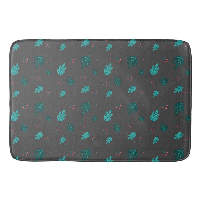 Evergreen Tree Leaves & Red Holly Berries Bath Mat (Front)